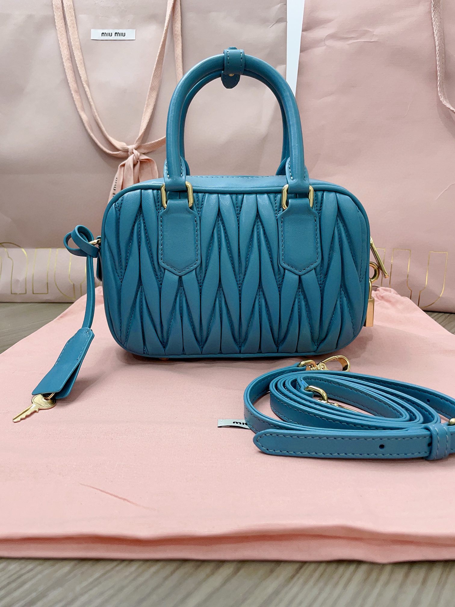 Miu Miu Arcadie matelassé nappa leather bag 5BB123 Marine blue M1
