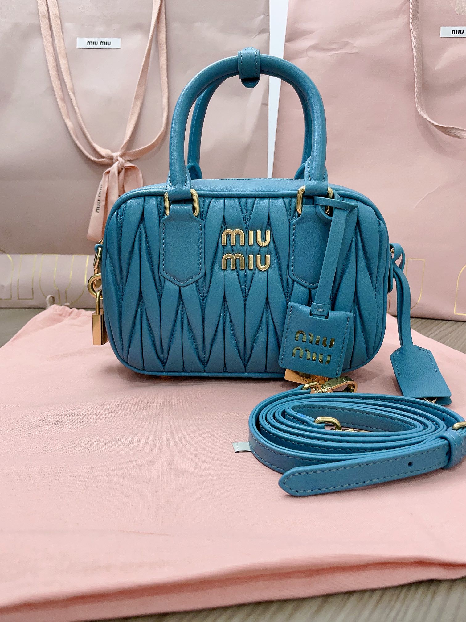 Miu Miu Arcadie matelassé nappa leather bag 5BB123 Marine blue M1