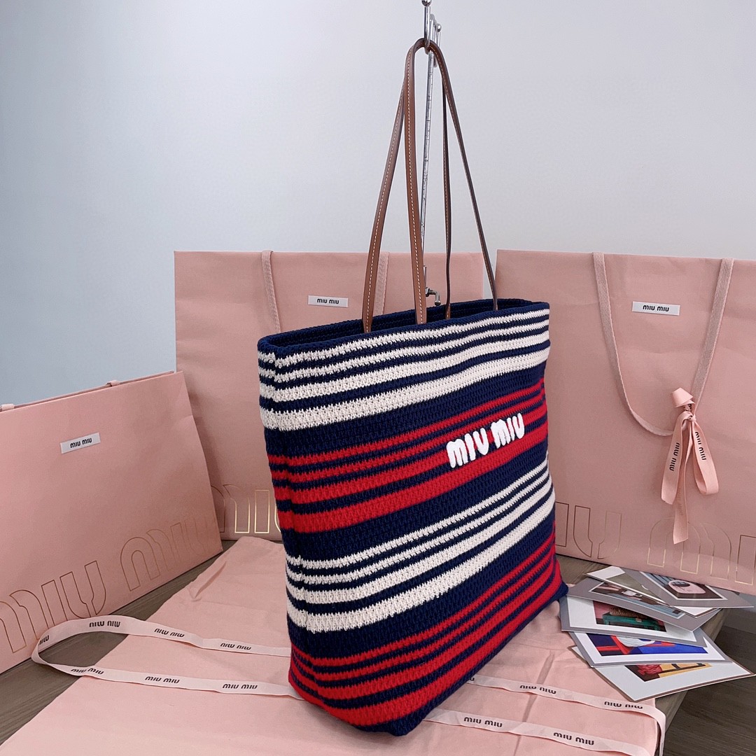 Miu Miu Woven fabric tote bag 5BG228 Blue/red/white M1