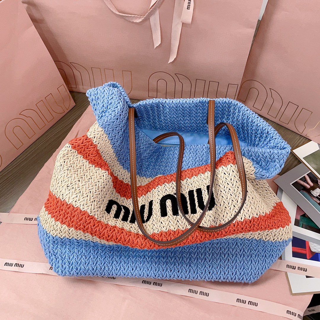 Miu Miu Woven fabric tote bag 5BG228_2DO3_F0O8A_V_OOO tan/light blue