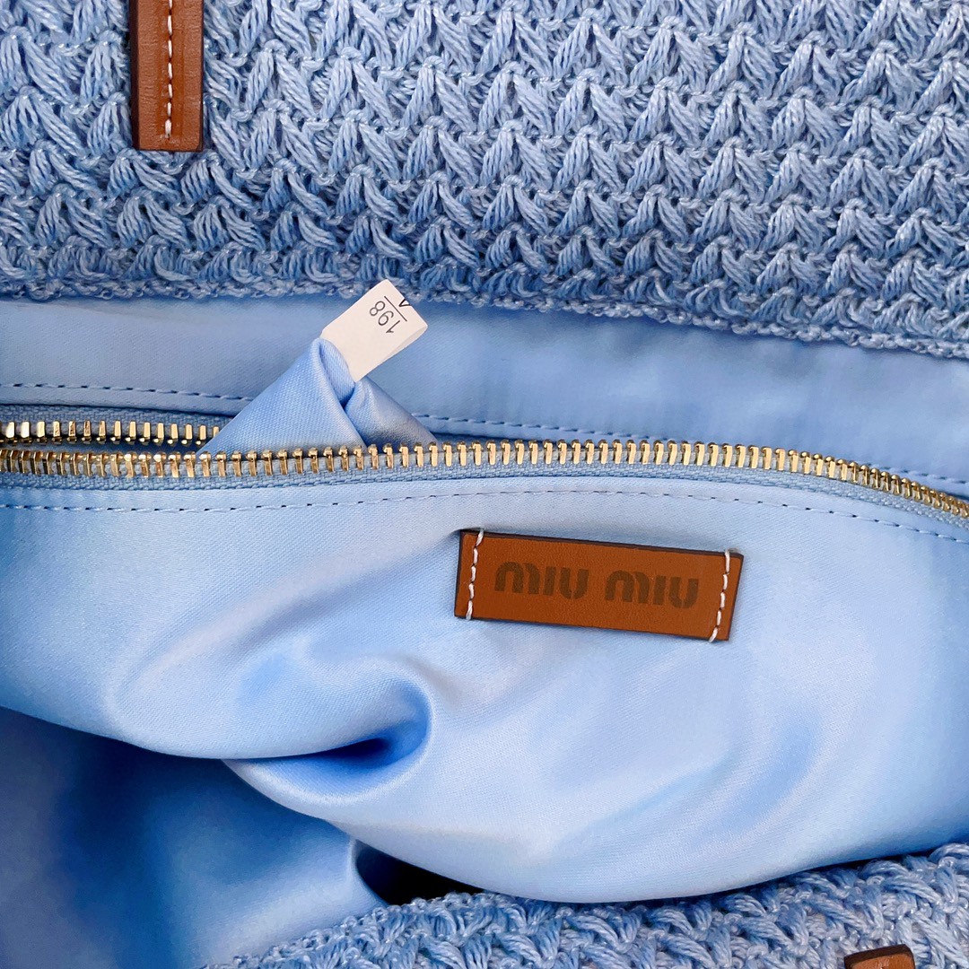 Miu Miu Woven fabric tote bag 5BG228_2DO3_F0O8A_V_OOO tan/light blue
