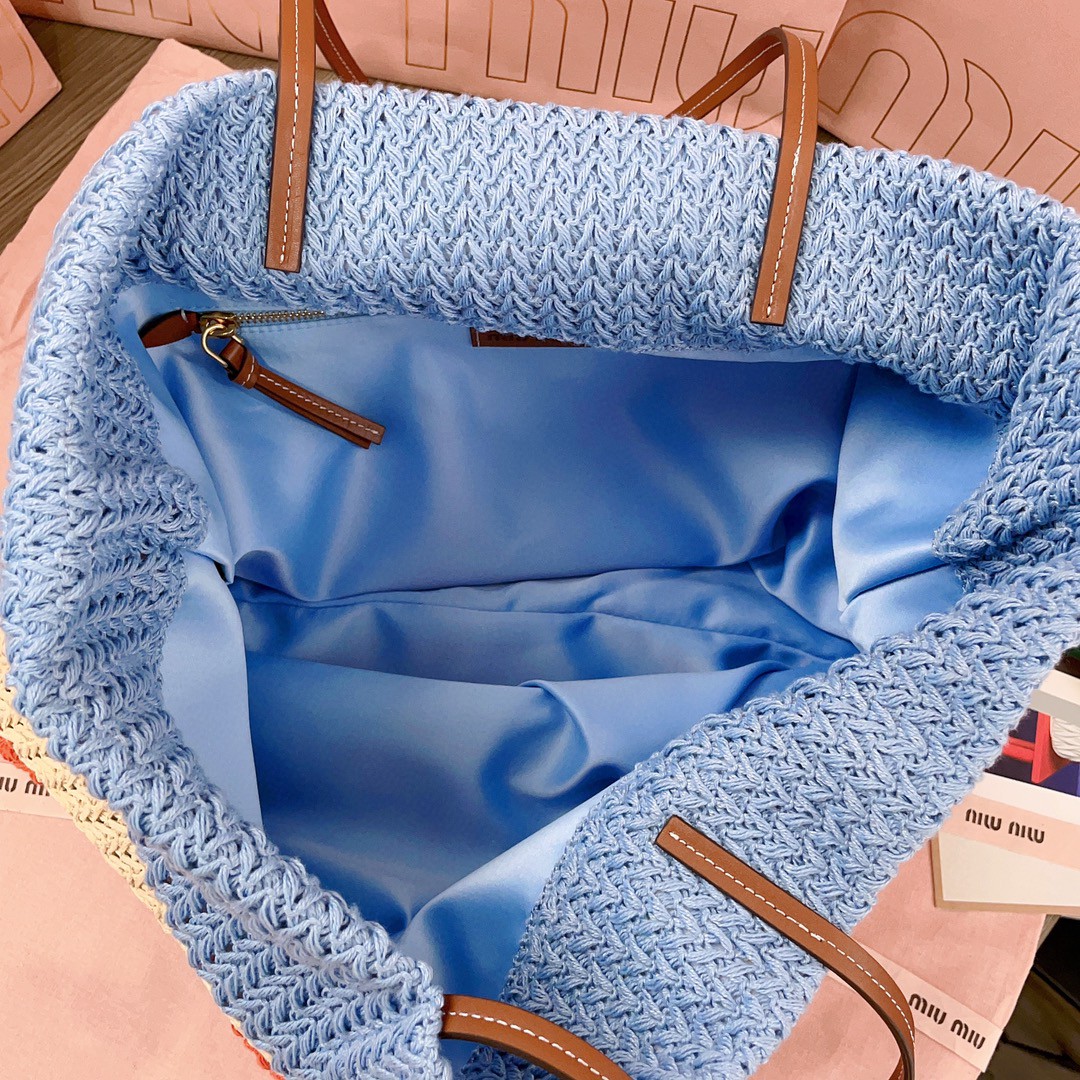Miu Miu Woven fabric tote bag 5BG228_2DO3_F0O8A_V_OOO tan/light blue