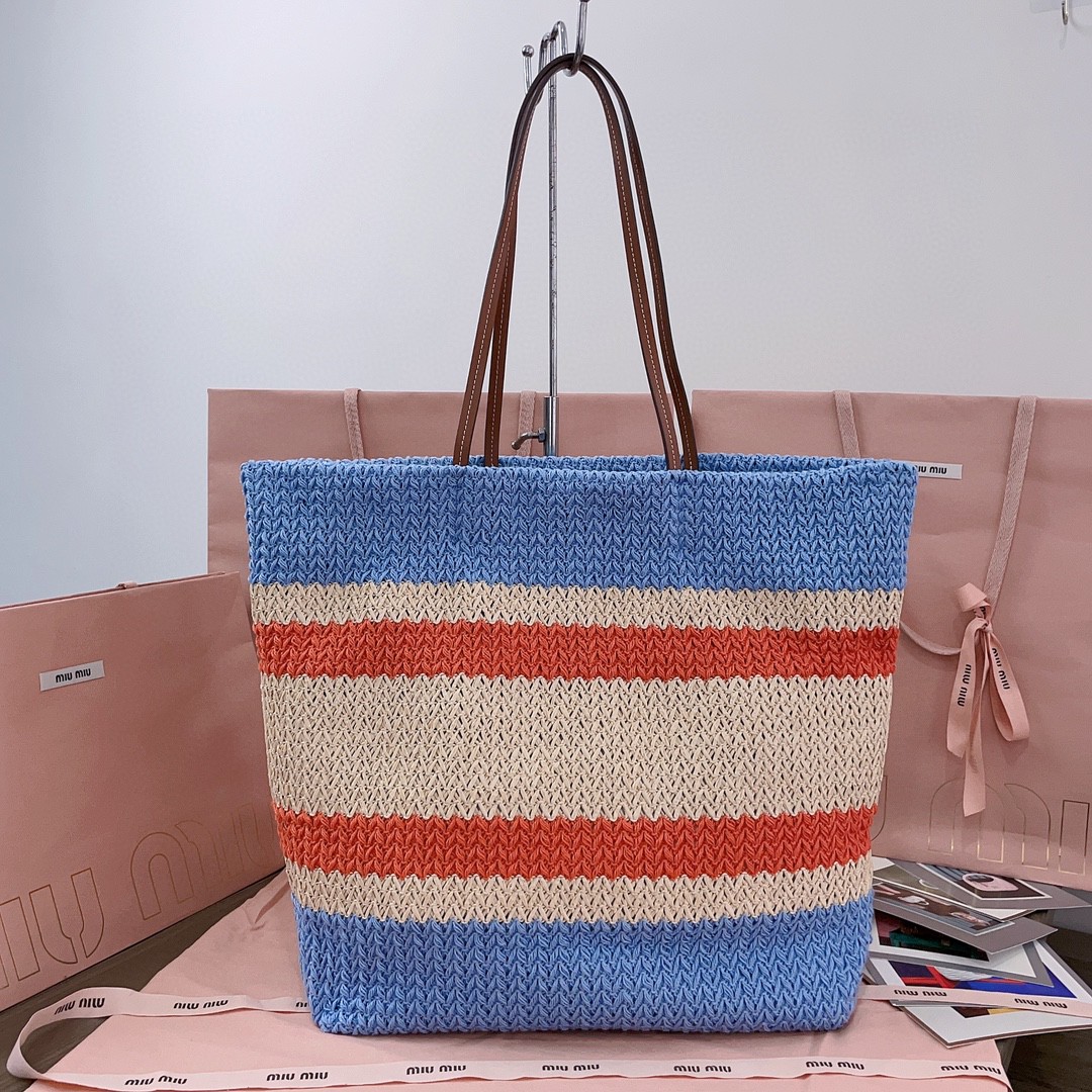 Miu Miu Woven fabric tote bag 5BG228_2DO3_F0O8A_V_OOO tan/light blue