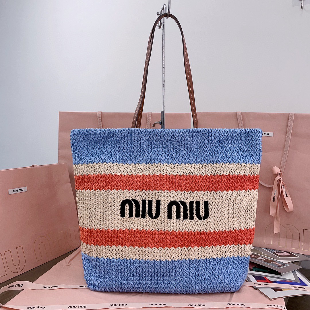 Miu Miu Woven fabric tote bag 5BG228_2DO3_F0O8A_V_OOO tan/light blue