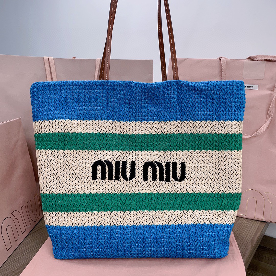 Miu Miu Woven fabric tote bag 5BG228_2DO3_F075U_V_OOO beige/light blue M1