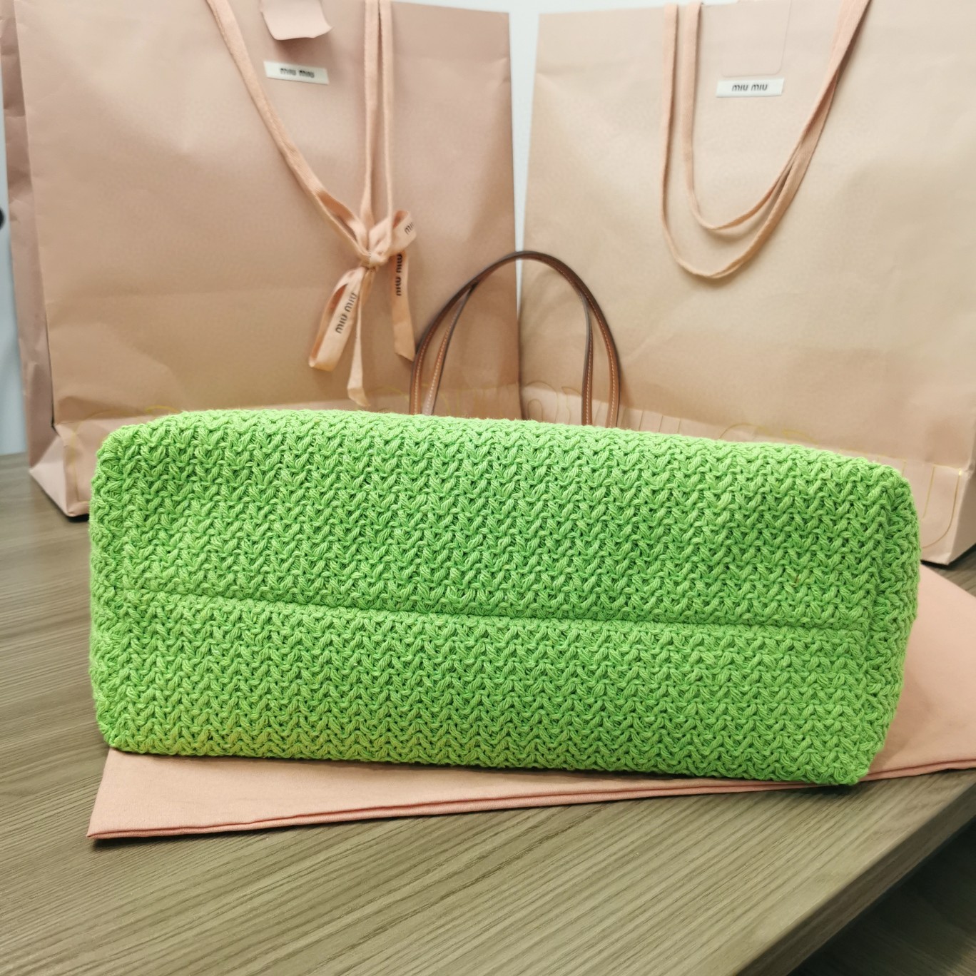 Miu Miu Woven fabric tote bag 5BG228 green M1
