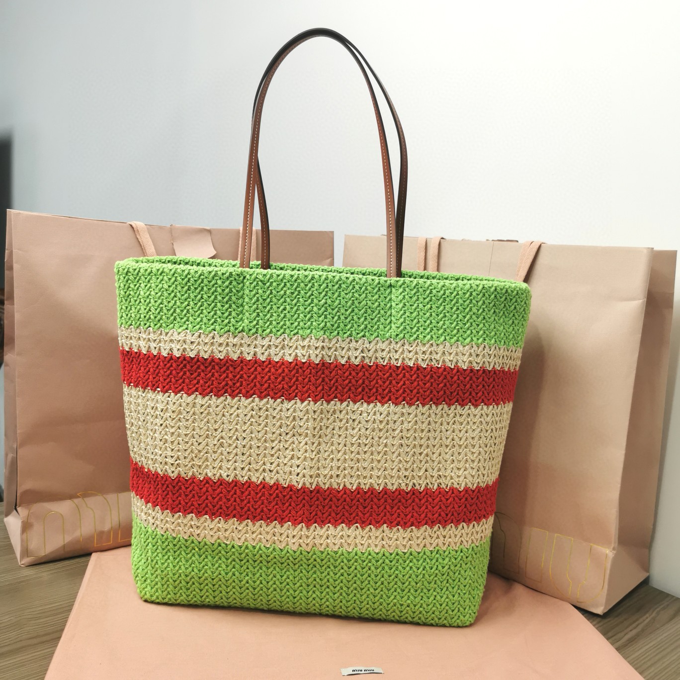 Miu Miu Woven fabric tote bag 5BG228 green M1
