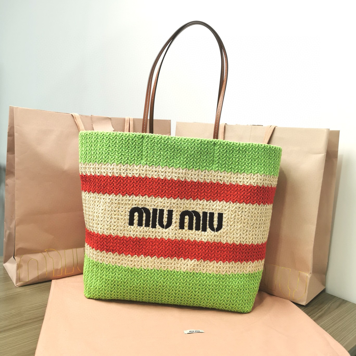 Miu Miu Woven fabric tote bag 5BG228 green M1