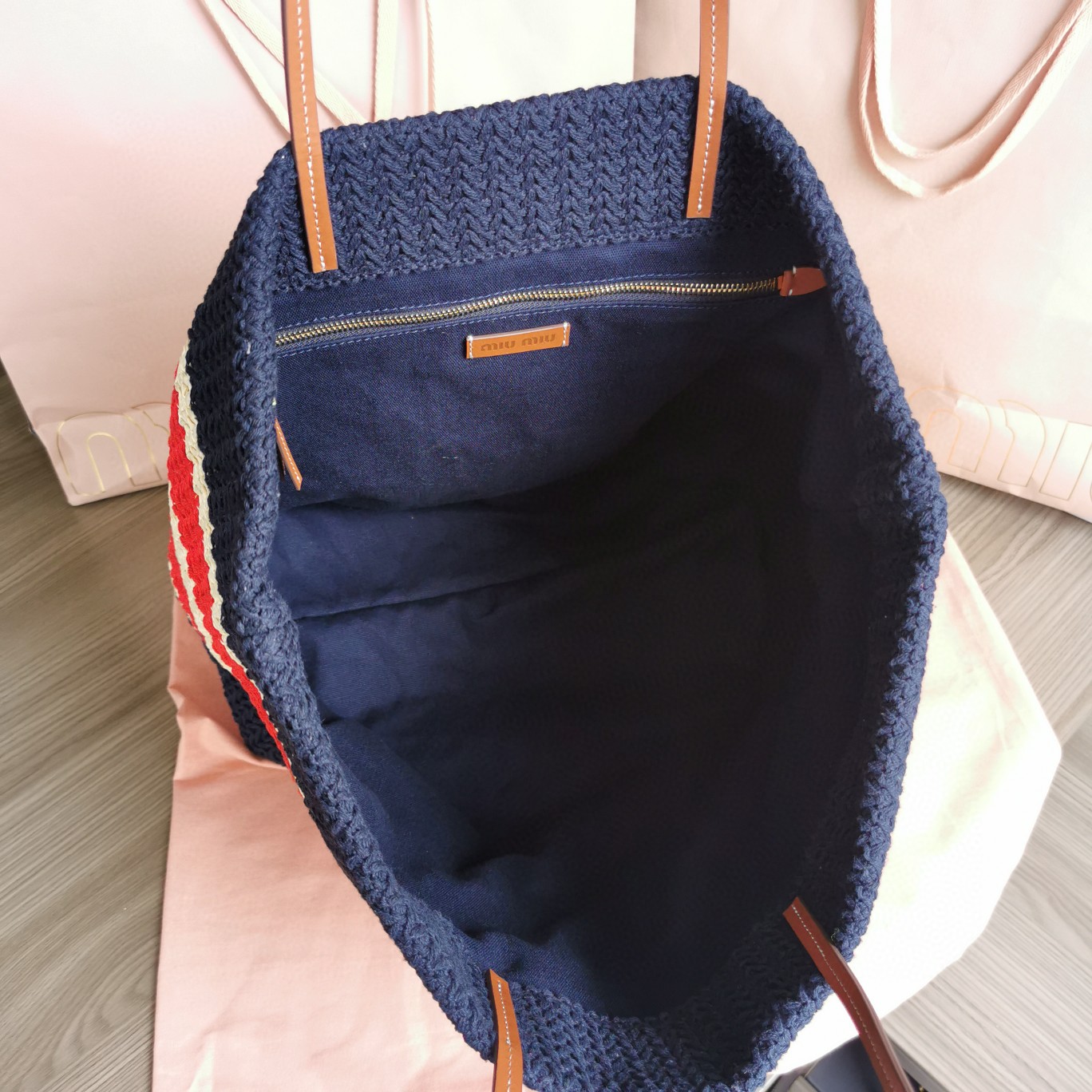 Miu Miu Woven fabric tote bag 5BG228_2DO3_F075R_V_OOO natural blue M1