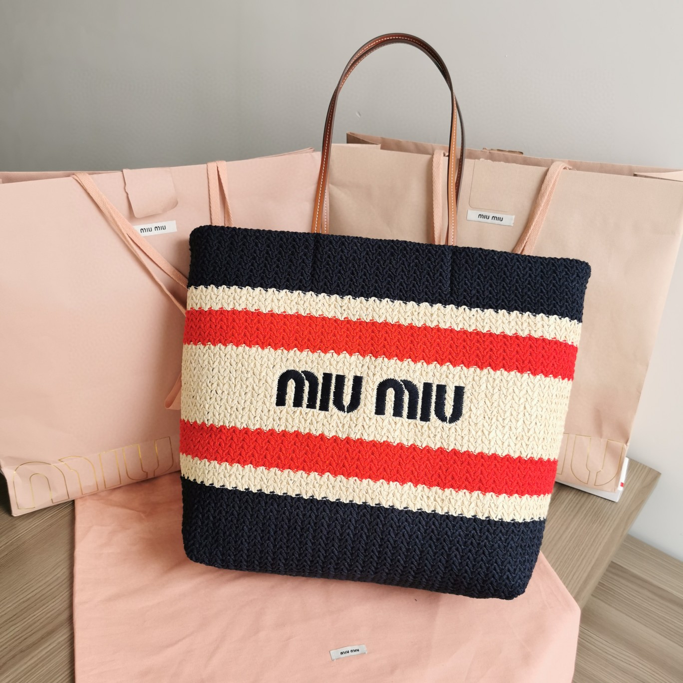 Miu Miu Woven fabric tote bag 5BG228_2DO3_F075R_V_OOO natural blue M1