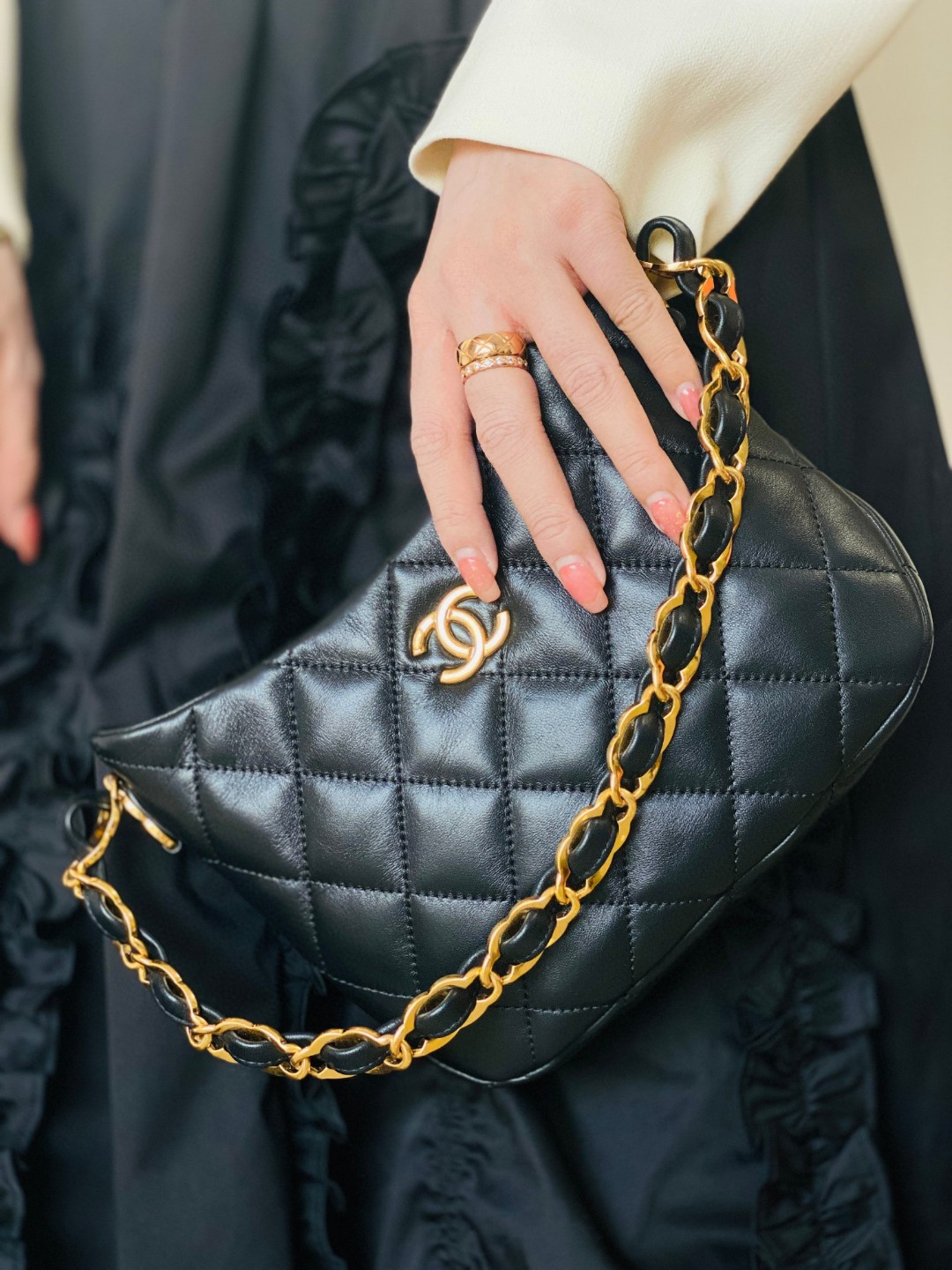 Chanel hobo bag small black leather