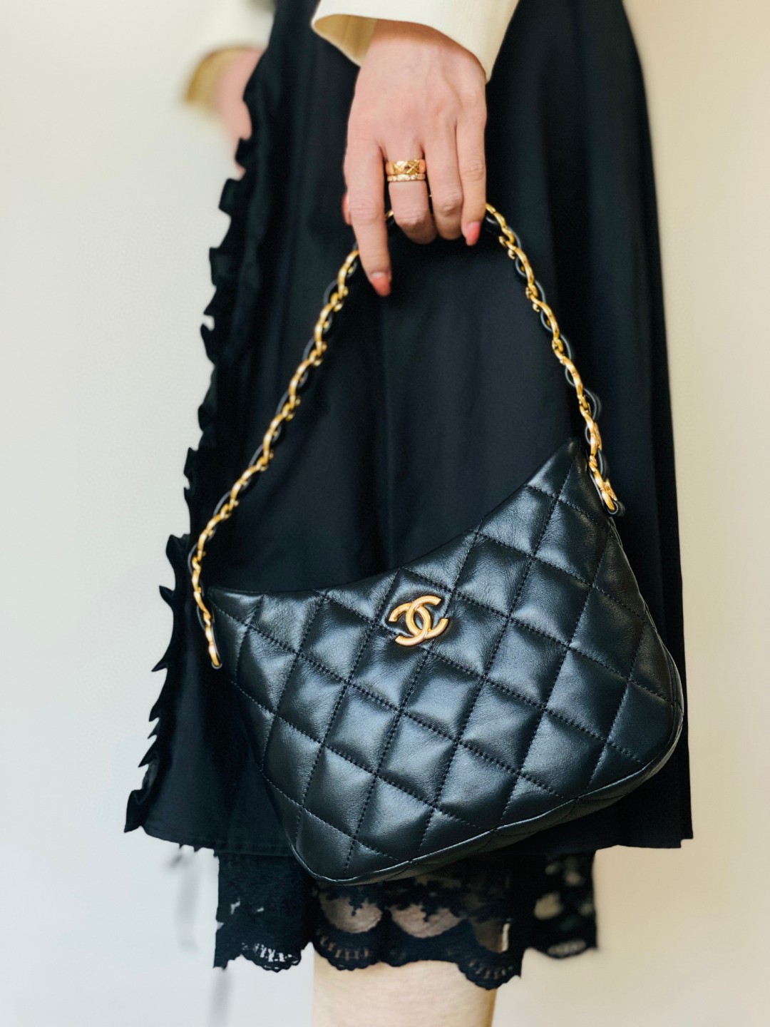 Chanel hobo bag small black leather