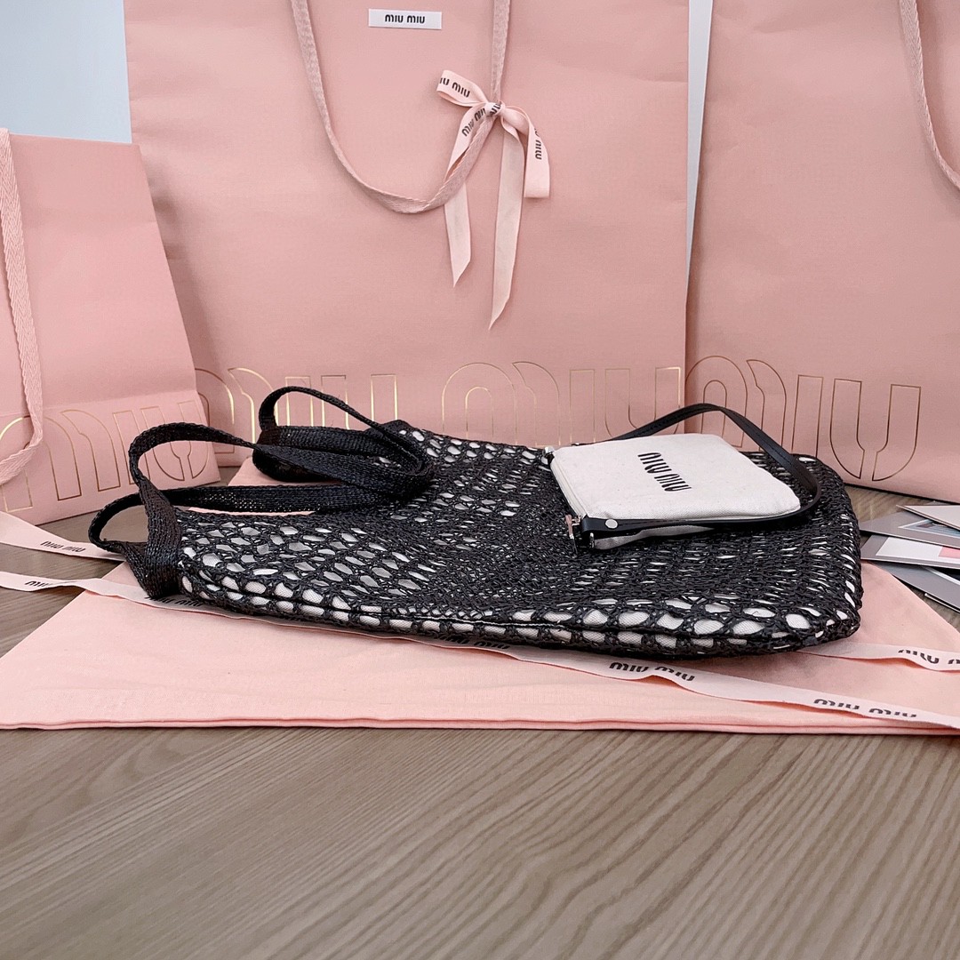 Miu Miu 5BG231 logo-print woven tote bag black