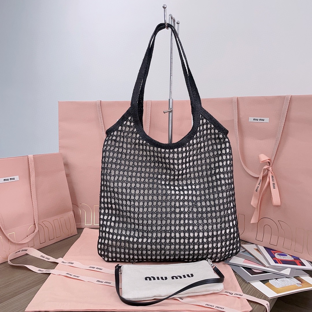 Miu Miu 5BG231 logo-print woven tote bag black