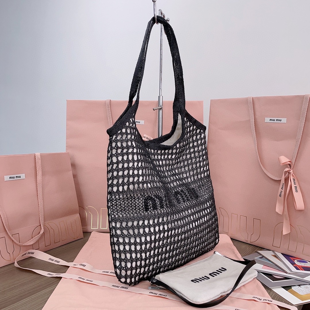 Miu Miu 5BG231 logo-print woven tote bag black