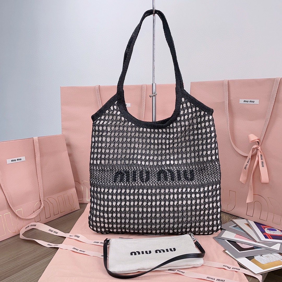 Miu Miu 5BG231 logo-print woven tote bag black