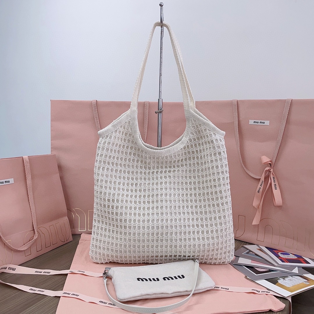 Miu Miu 5BG231 logo-print woven tote bag natural