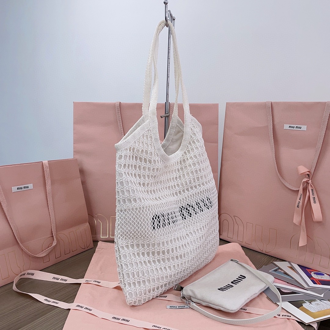 Miu Miu 5BG231 logo-print woven tote bag natural