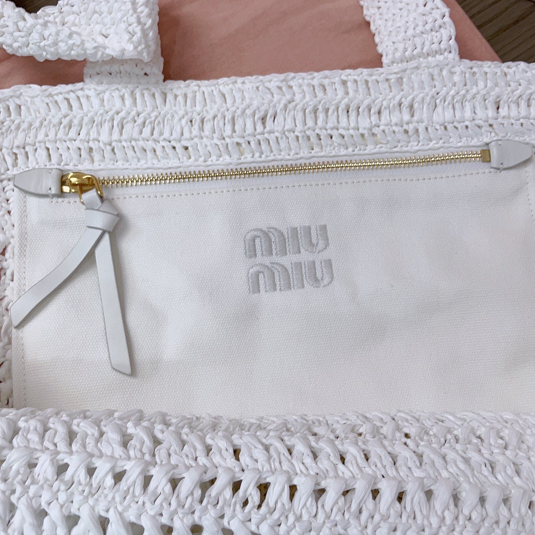 MIU MIU 5BG230 Woven fabric tote bag white/beige