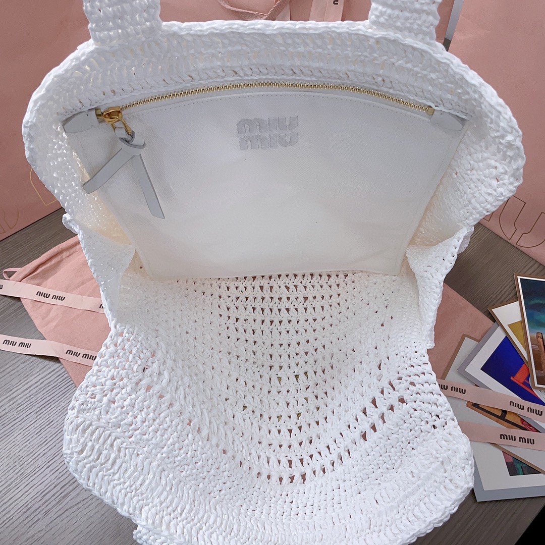 MIU MIU 5BG230 Woven fabric tote bag white/beige