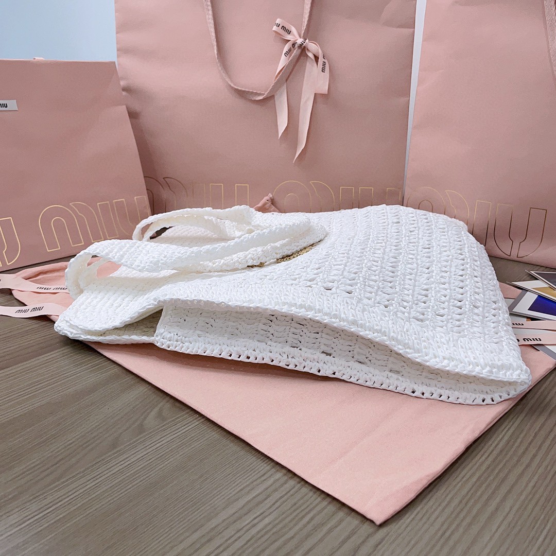 MIU MIU 5BG230 Woven fabric tote bag white/beige