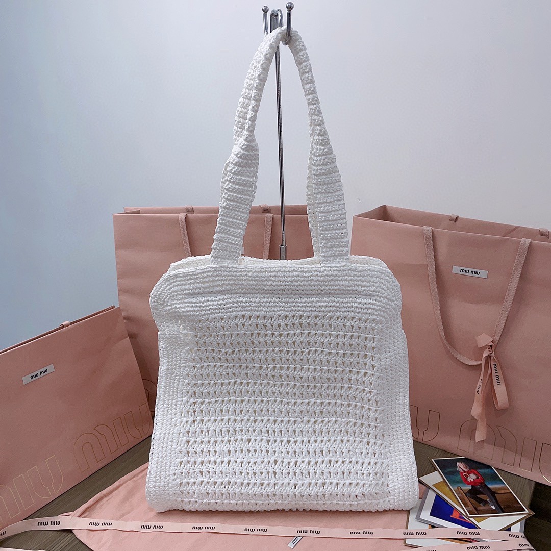MIU MIU 5BG230 Woven fabric tote bag white/beige