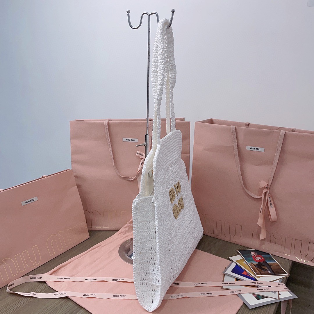 MIU MIU 5BG230 Woven fabric tote bag white/beige
