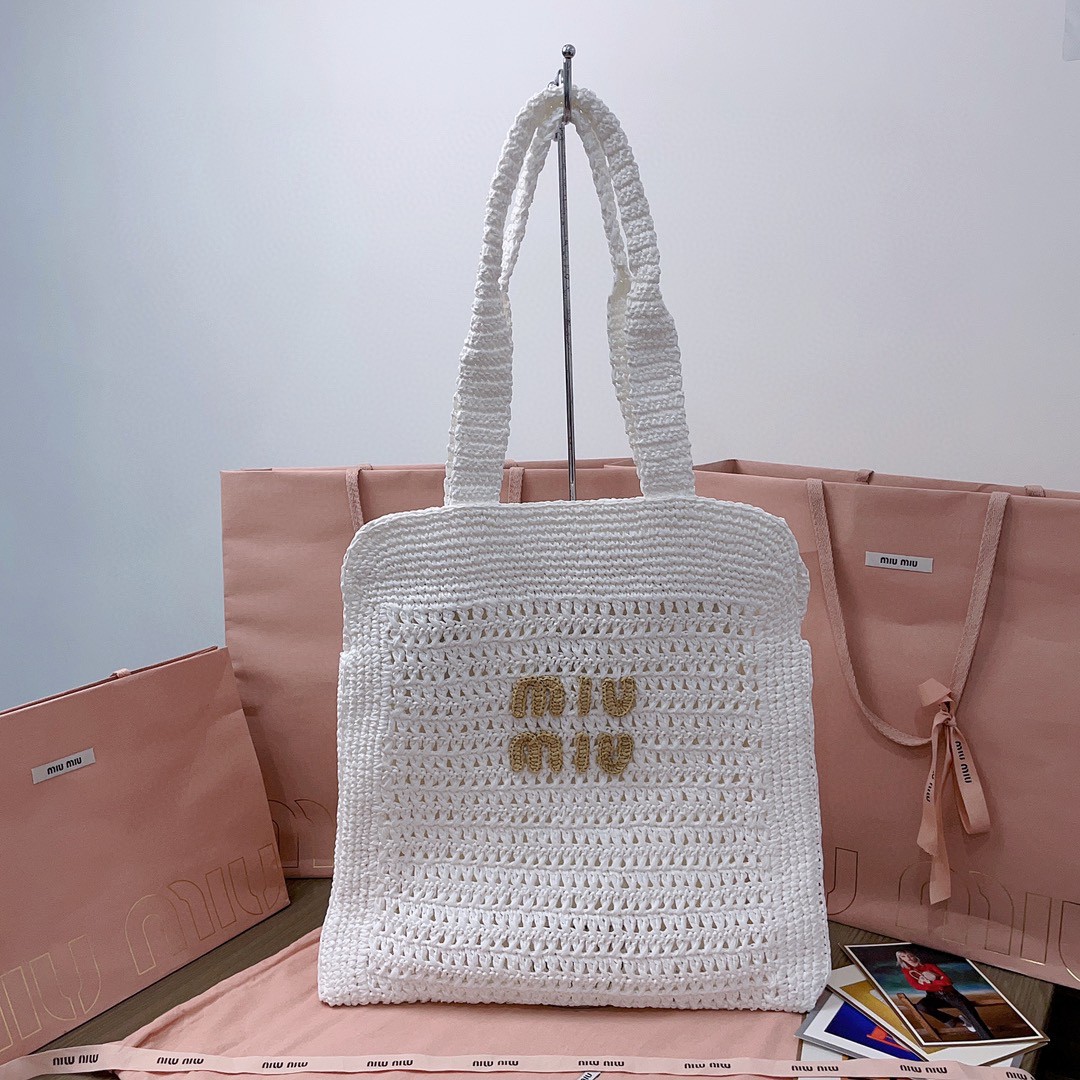 MIU MIU 5BG230 Woven fabric tote bag white/beige