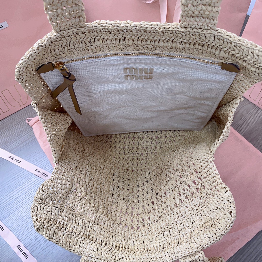 MIU MIU 5BG230 Woven fabric tote bag Beige/cognac