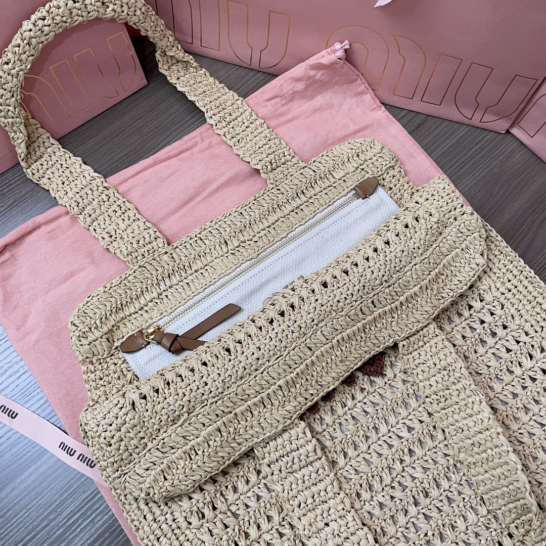 MIU MIU 5BG230 Woven fabric tote bag Beige/cognac
