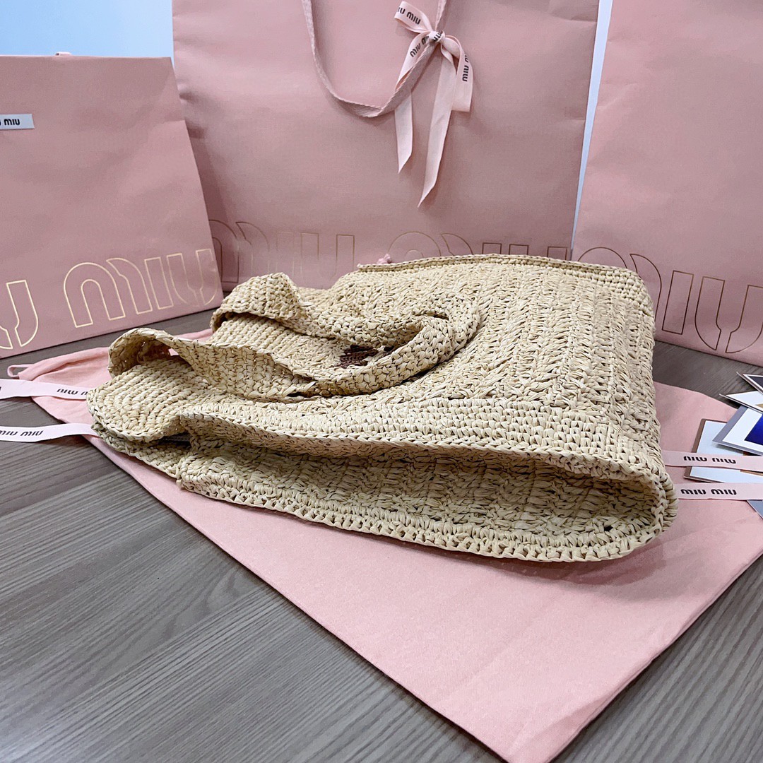 MIU MIU 5BG230 Woven fabric tote bag Beige/cognac