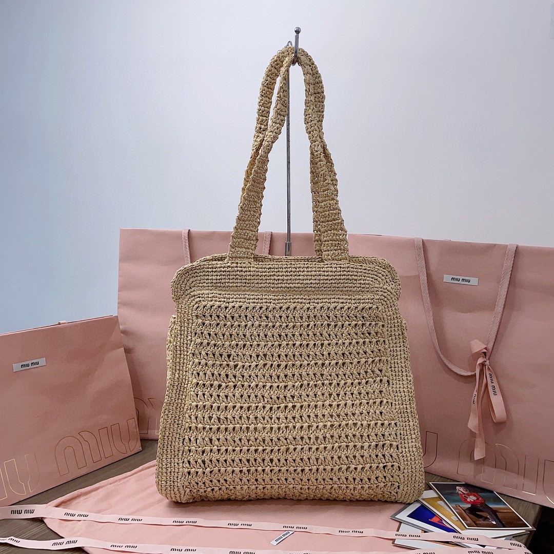 MIU MIU 5BG230 Woven fabric tote bag Beige/cognac