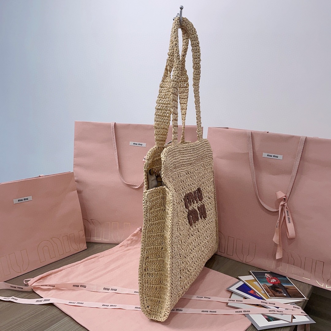 MIU MIU 5BG230 Woven fabric tote bag Beige/cognac