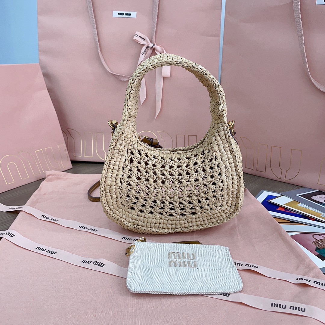 MIU MIU 5BC125 Wander woven fabric hobo bag Beige