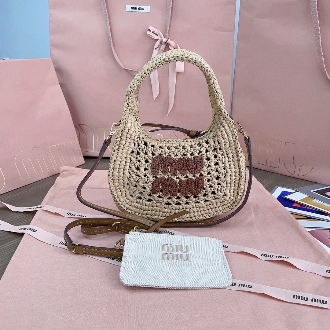 MIU MIU 5BC125 Wander woven fabric hobo bag Beige