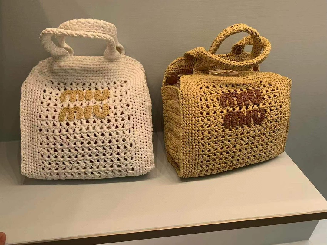 MIU MIU 5BA283 Raffia-effect crochet fabric tote bag beige/Cognac