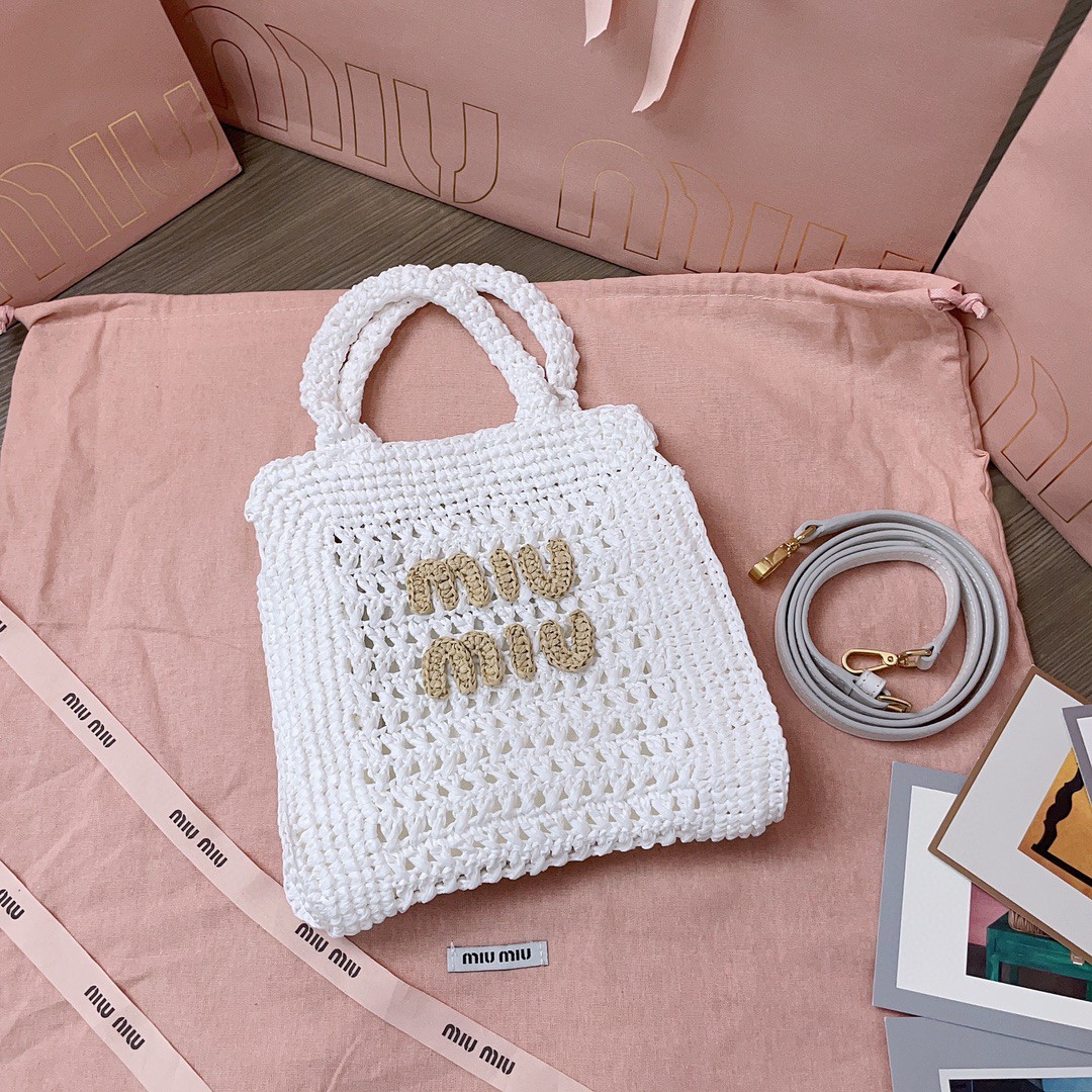 MIU MIU 5BA283 Raffia-effect crochet fabric tote bag white/beige