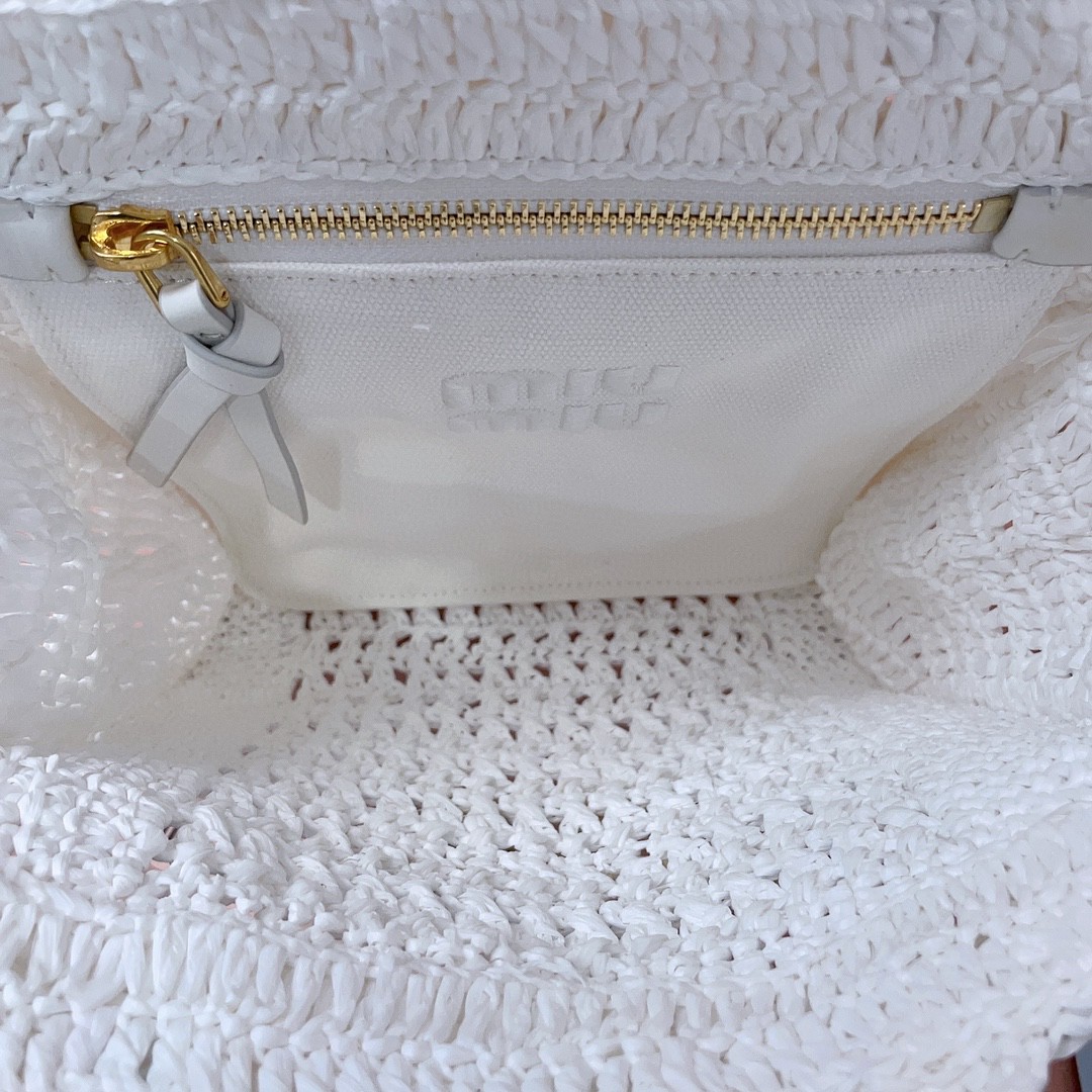MIU MIU 5BA283 Raffia-effect crochet fabric tote bag white/beige