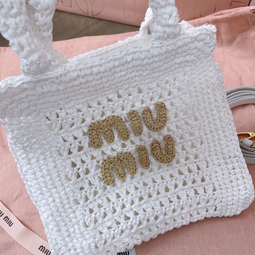 MIU MIU 5BA283 Raffia-effect crochet fabric tote bag white/beige