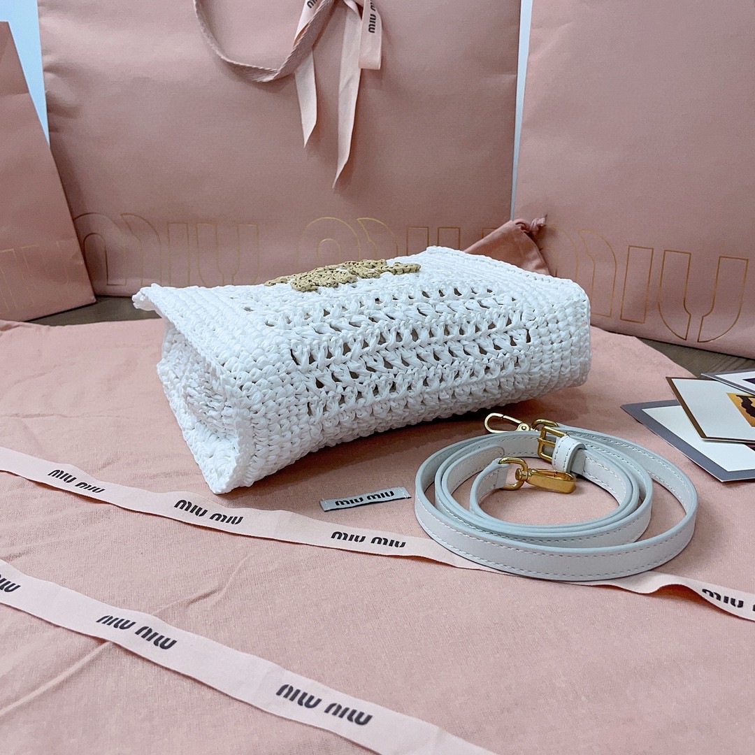 MIU MIU 5BA283 Raffia-effect crochet fabric tote bag white/beige