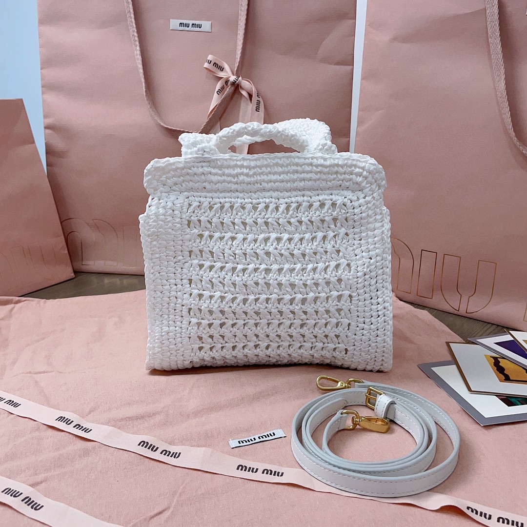 MIU MIU 5BA283 Raffia-effect crochet fabric tote bag white/beige