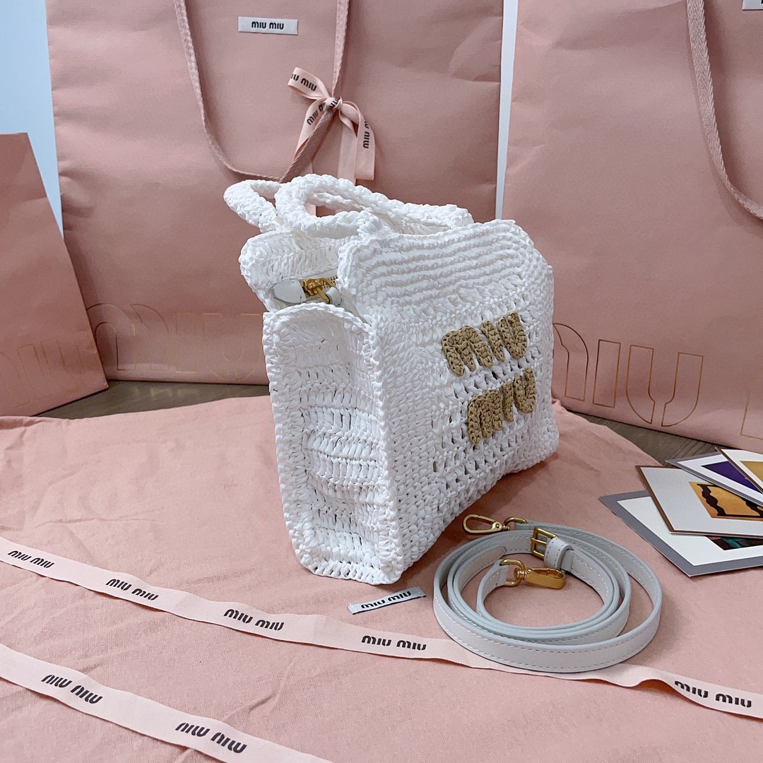 MIU MIU 5BA283 Raffia-effect crochet fabric tote bag white/beige