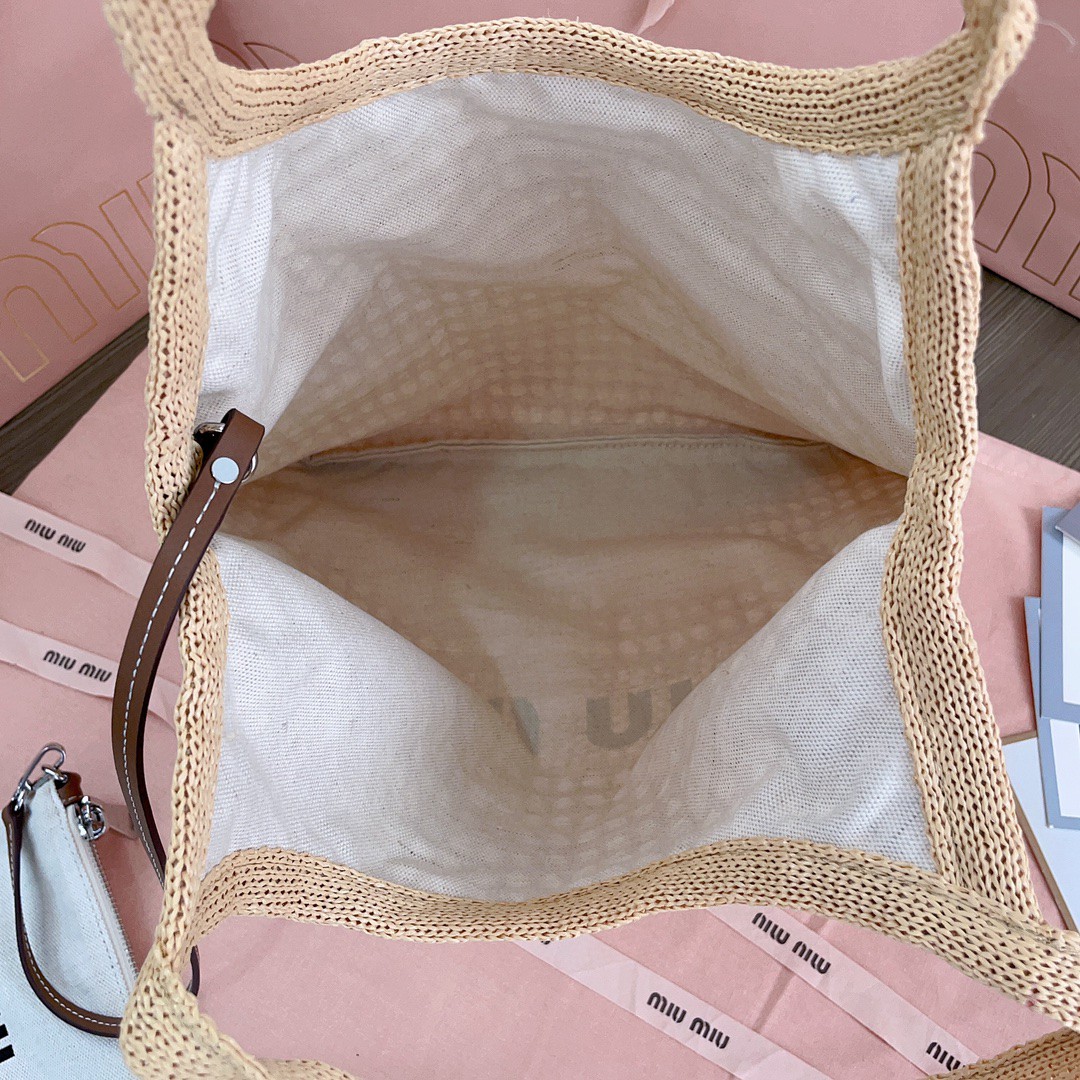 Miu Miu 5BG231 logo-print woven tote bag beige