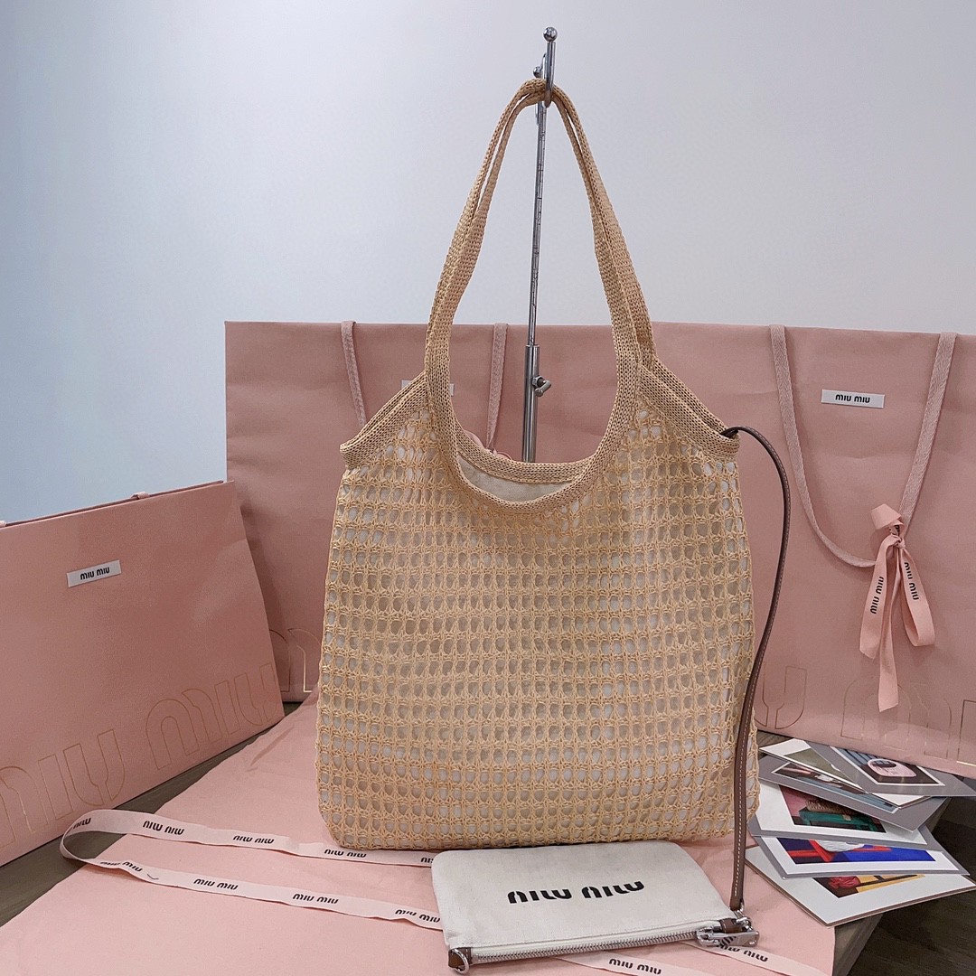 Miu Miu 5BG231 logo-print woven tote bag beige