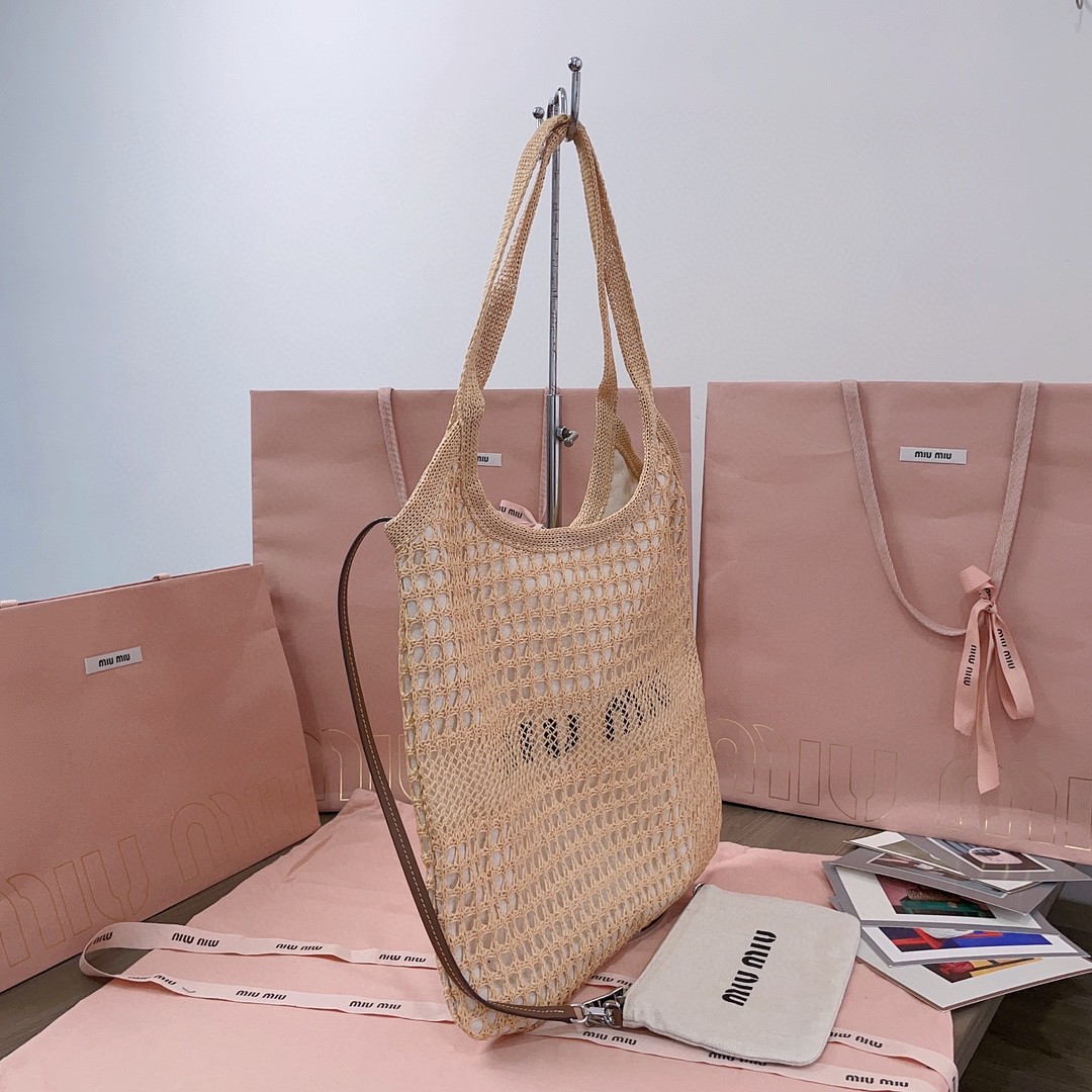 Miu Miu 5BG231 logo-print woven tote bag beige