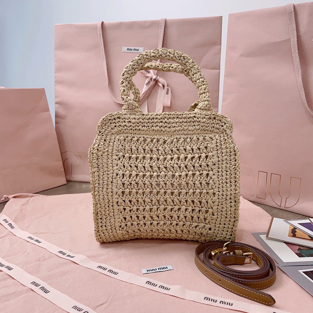 MIU MIU 5BA283 Raffia-effect crochet fabric tote bag beige/Cognac