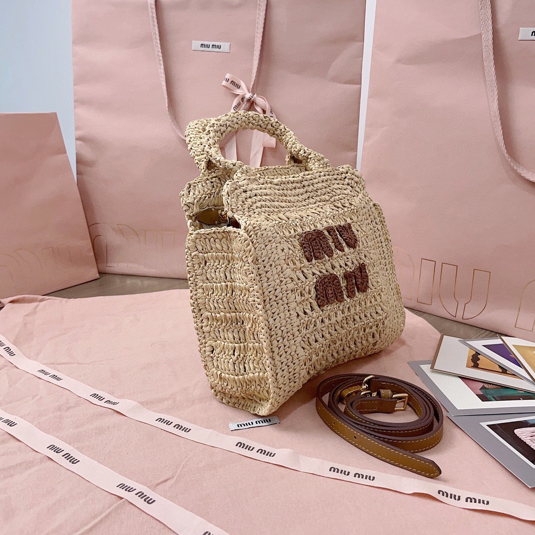MIU MIU 5BA283 Raffia-effect crochet fabric tote bag beige/Cognac
