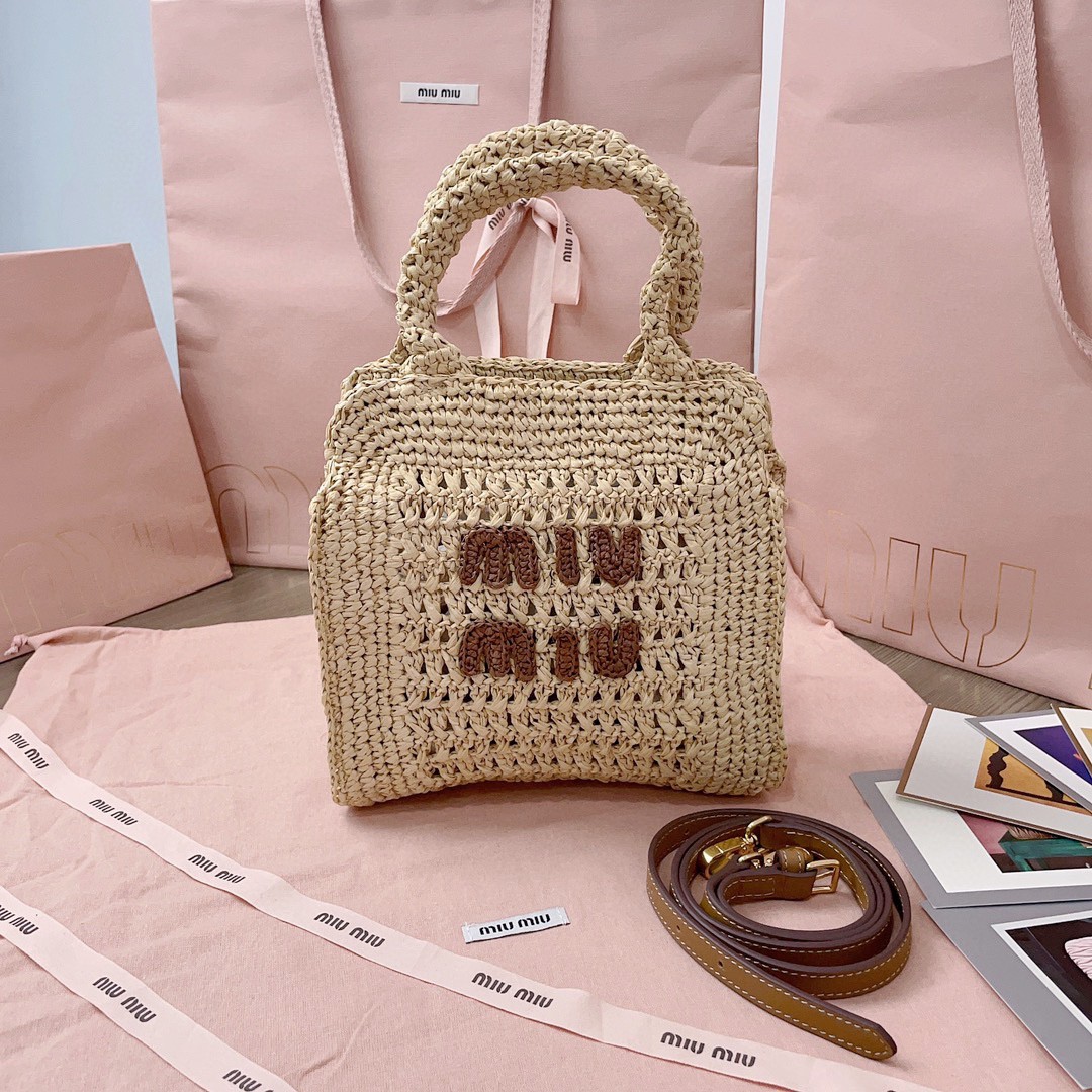 MIU MIU 5BA283 Raffia-effect crochet fabric tote bag beige/Cognac