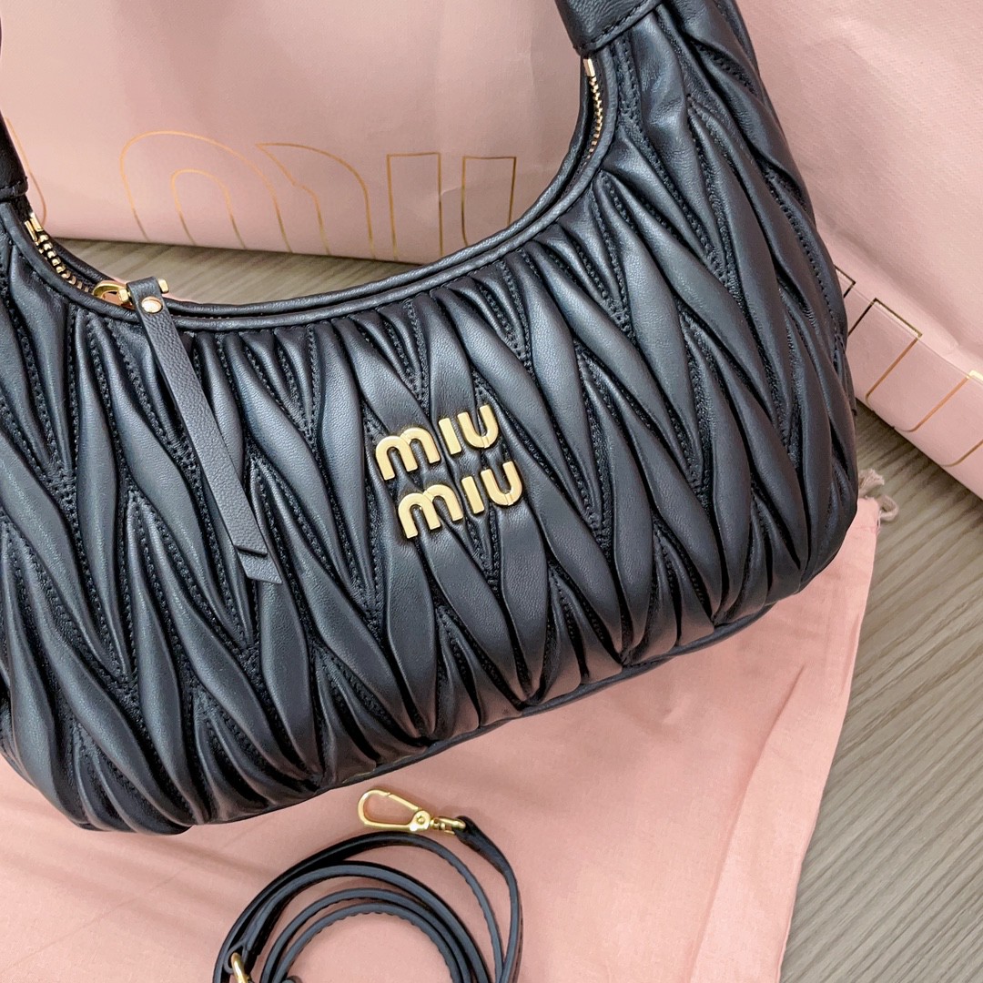 Miu Miu Wander matelassé nappa leather hobo bag sand black 5BC153_N88_F0002_V_OOO