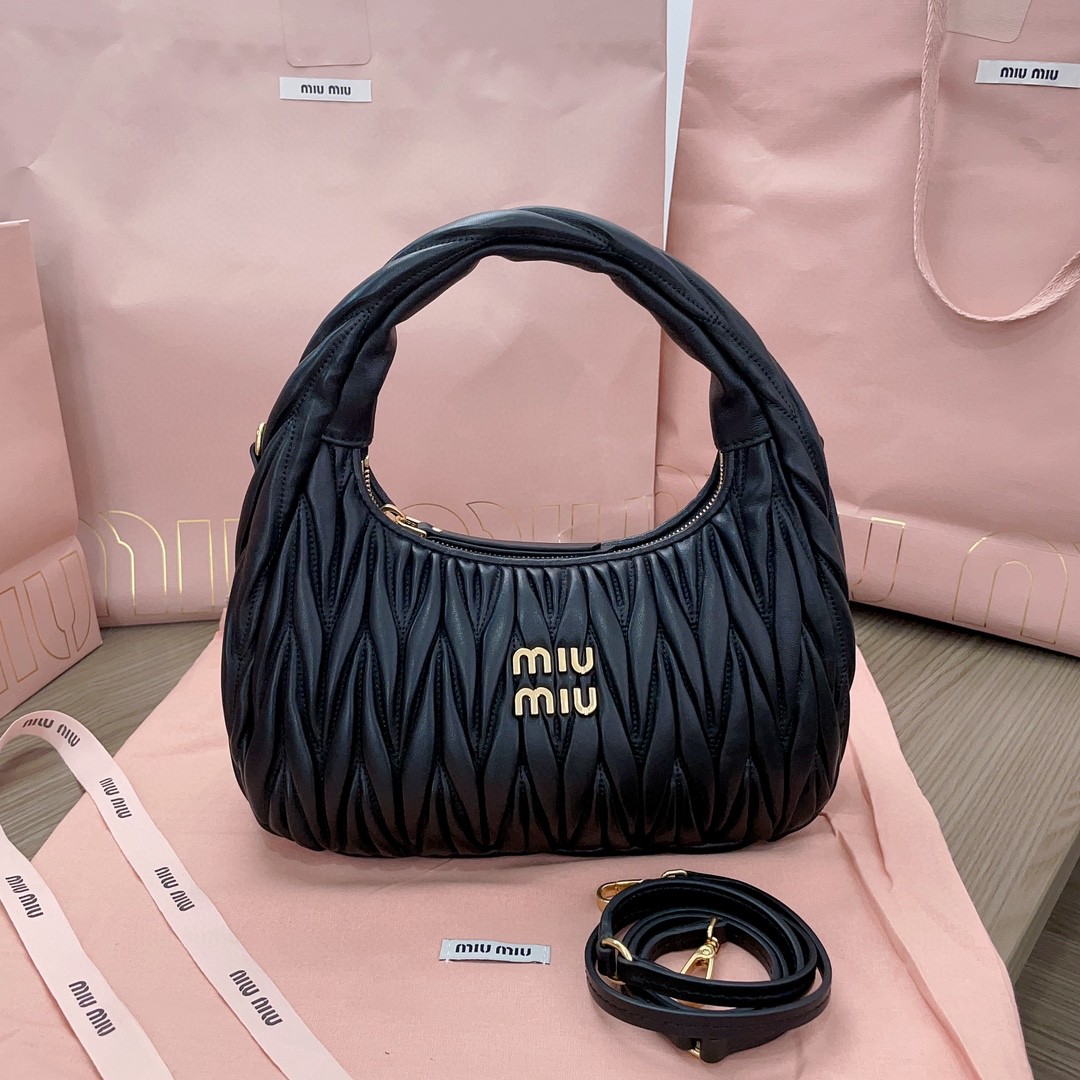 Miu Miu Wander matelassé nappa leather hobo bag sand black 5BC153_N88_F0002_V_OOO